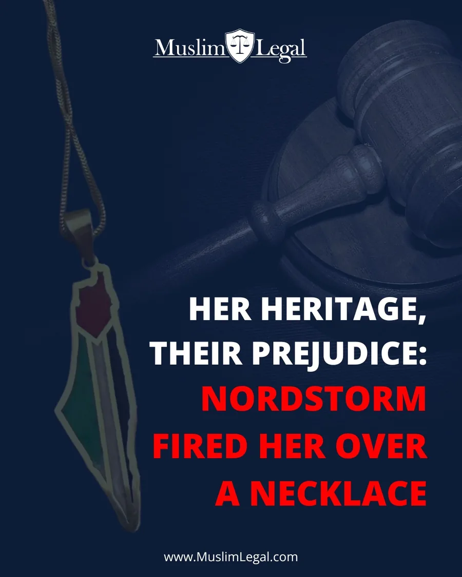 Muslim Legal graphic: a Palestine map pendant beside a gavel, with the words Her heritage, their prejudice.